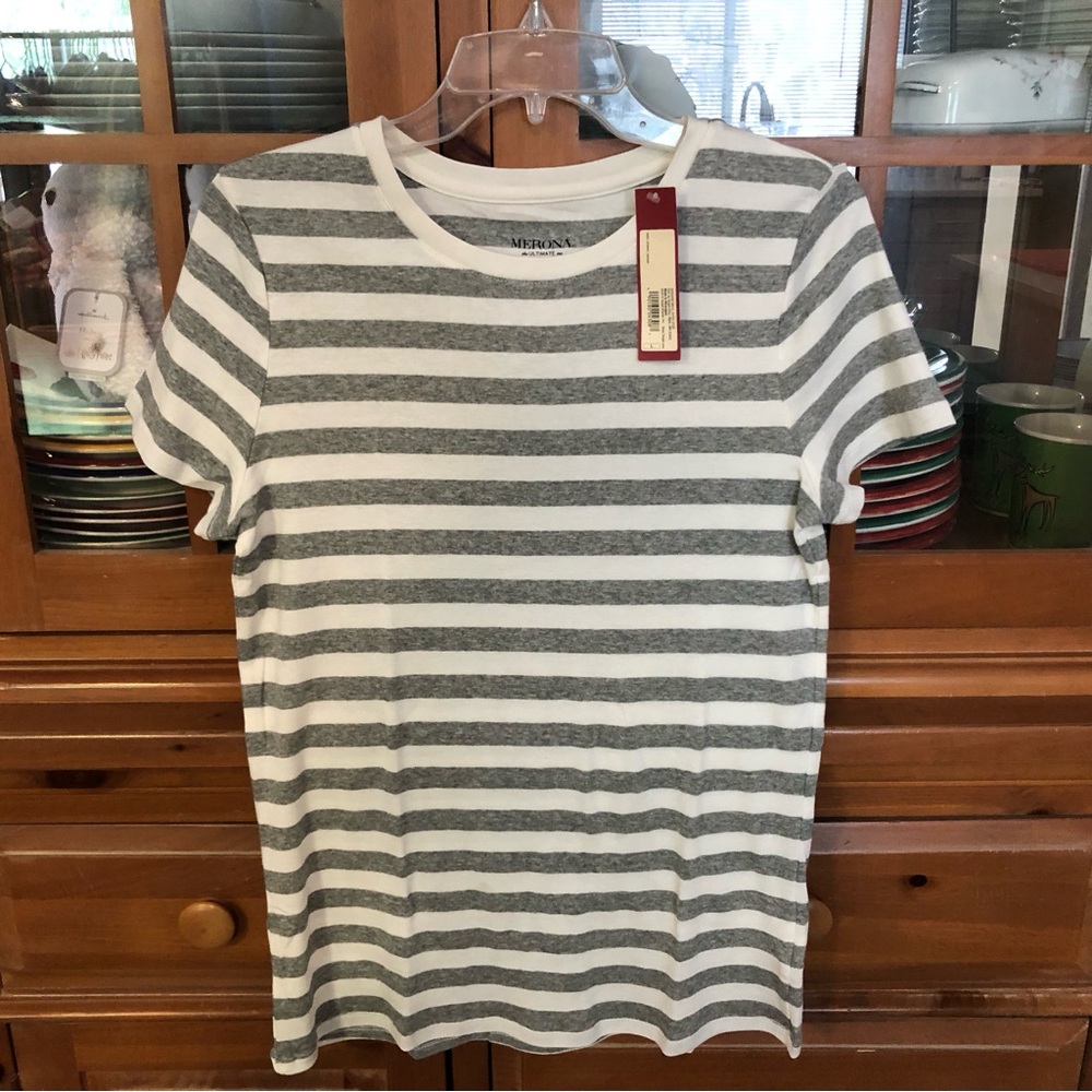 NWT Women's Gray & White Stripe Crew Neck T‑Shirt